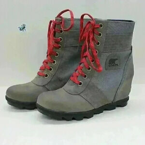 Sorel Lexie Women's Gray Leather Lace Up Wedge Boots Size US 10